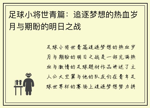 足球小将世青篇：追逐梦想的热血岁月与期盼的明日之战
